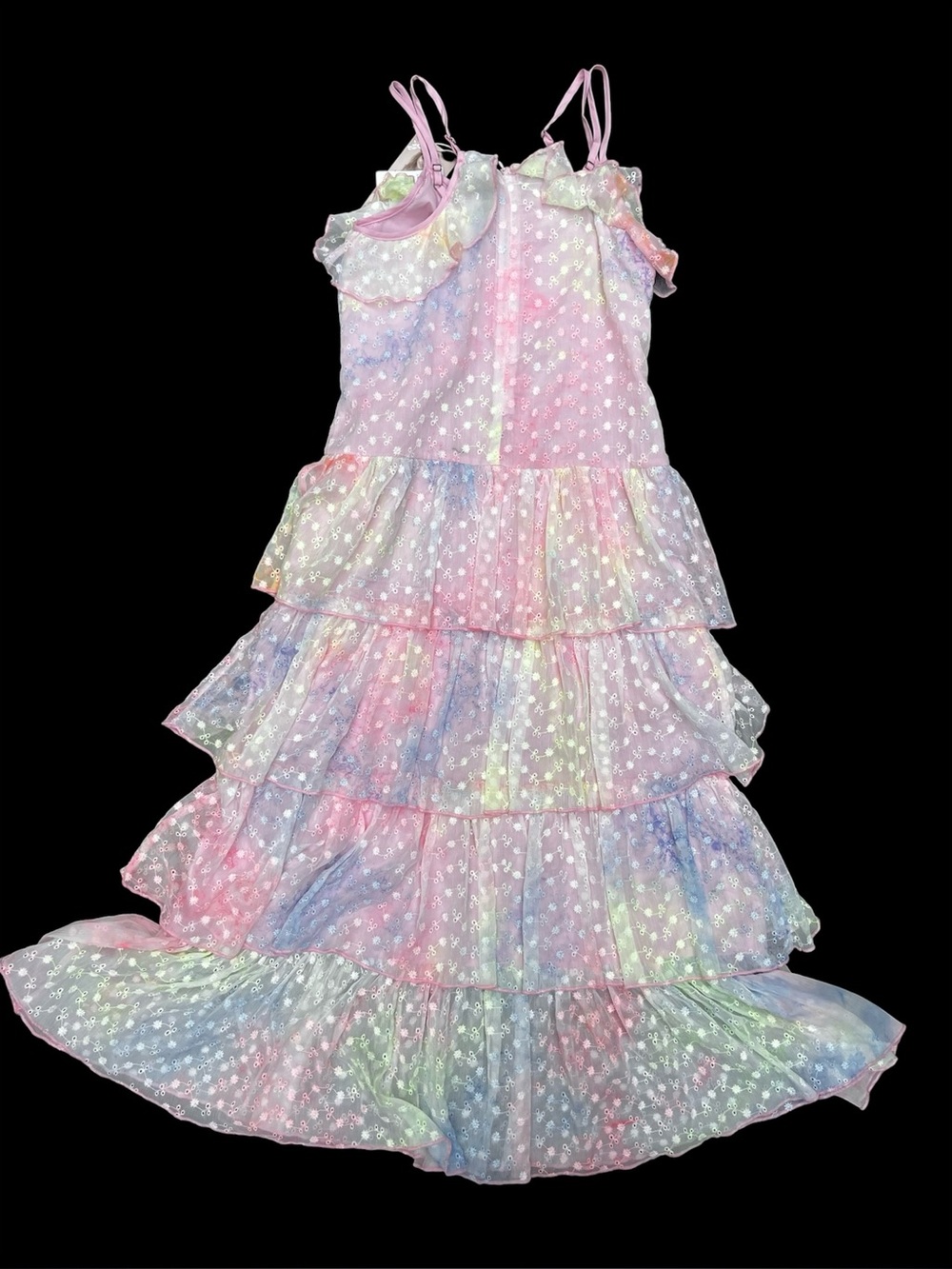 Fairycore Cottagecore Rainbow Tiered Ruffle Maxi Dress Sheer  S